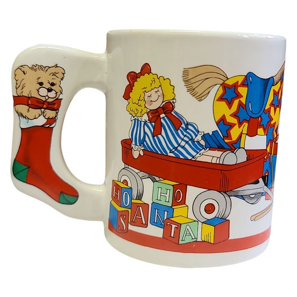 Vintage Christmas Holiday Toy Theme Ceramic Coffee Mug with Stocking Handle Alco